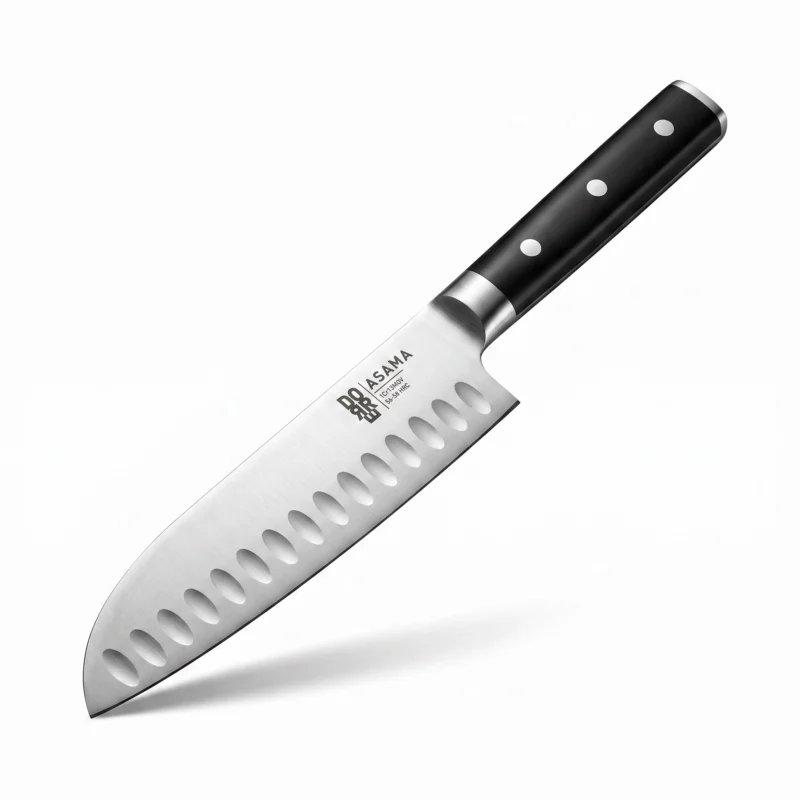 Asama santoku 18 cm med urtag längs eggen, sedd från sidan